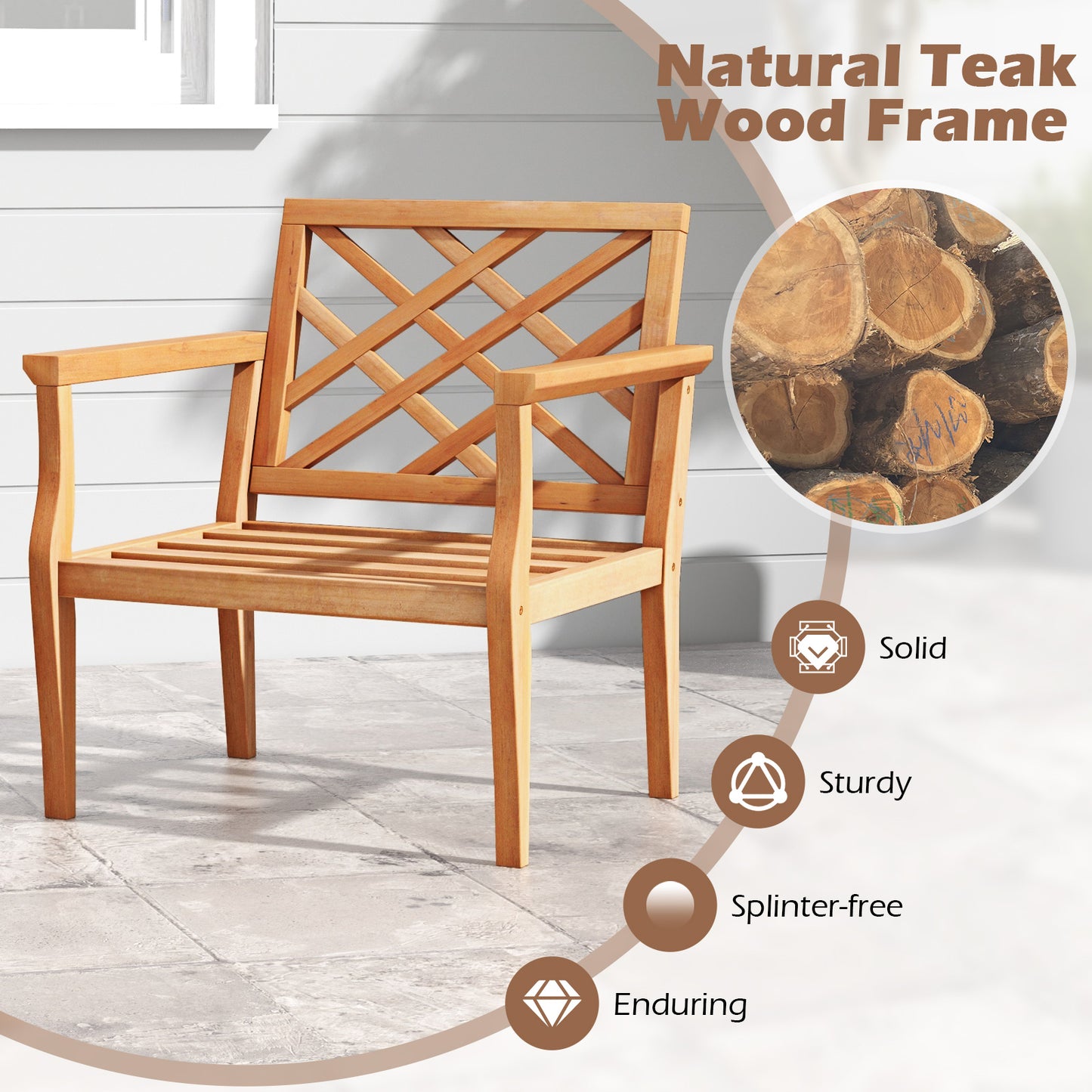 Teak Wood Slatted Patio Chair Armchair with Cozy Backrest and Armrests, Natural Patio Dining Chairs at Gallery Canada