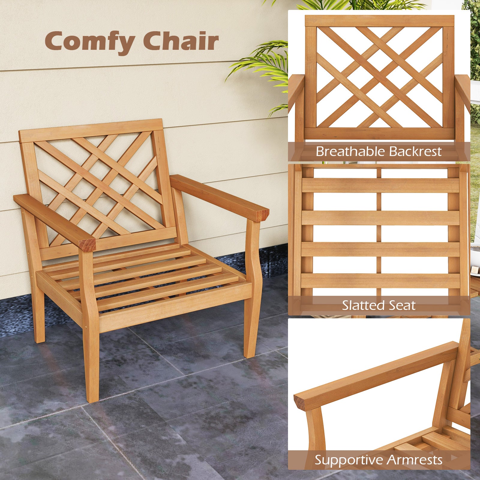 Teak Wood Slatted Patio Chair Armchair with Cozy Backrest and Armrests, Natural Patio Dining Chairs at Gallery Canada