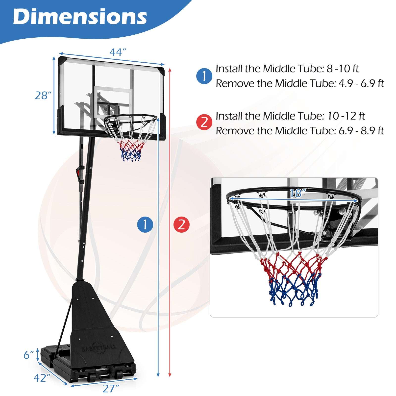 4.9-10 Feet Height Adjustable Portable Basketball Hoop Basketball Goal System Sport Equipments at Gallery Canada