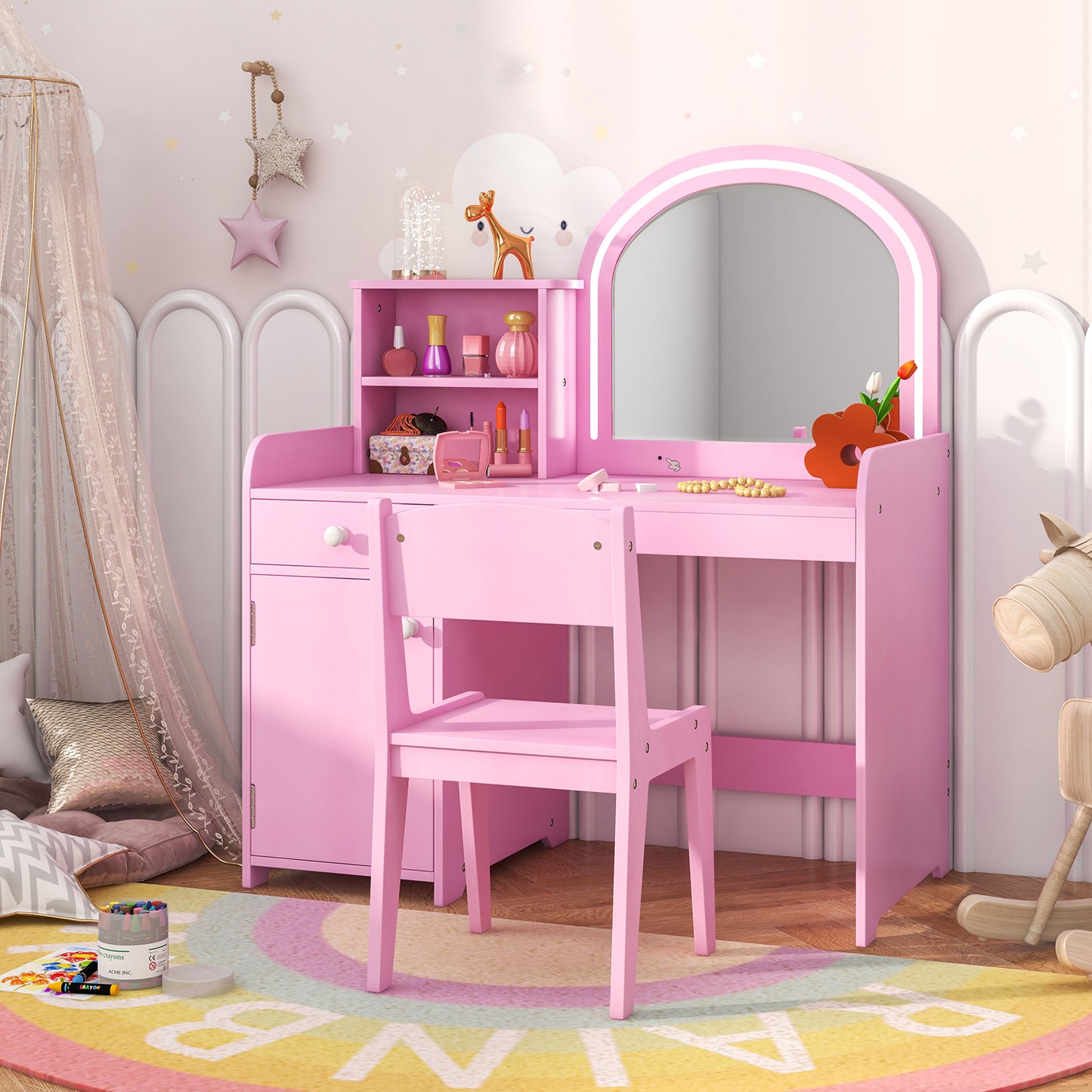 Kids Vanity Table And Chair Set With Shelves, Pink Kids Vanities at Gallery Canada