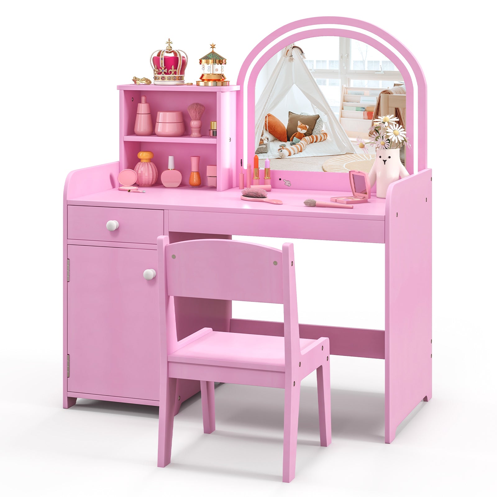 Kids Vanity Table And Chair Set With Shelves, Pink Kids Vanities at Gallery Canada
