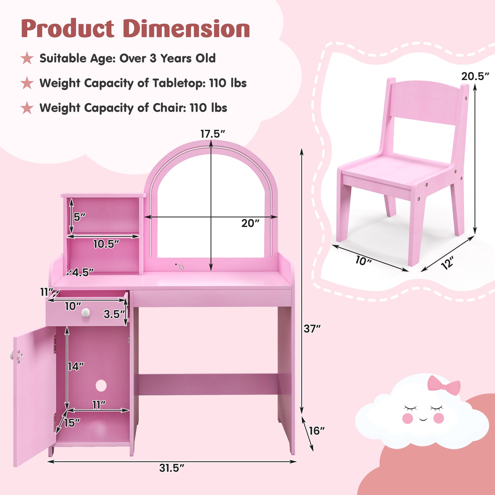 Kids Vanity Table And Chair Set With Shelves, Pink Kids Vanities at Gallery Canada