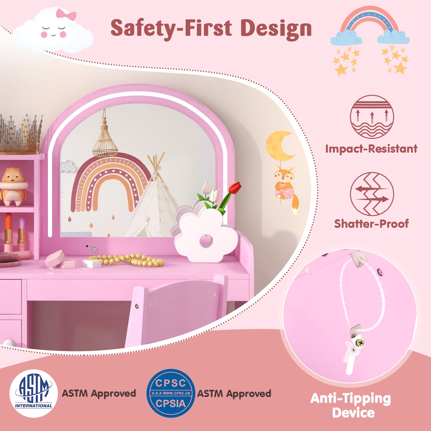 Kids Vanity Table And Chair Set With Shelves, Pink Kids Vanities at Gallery Canada