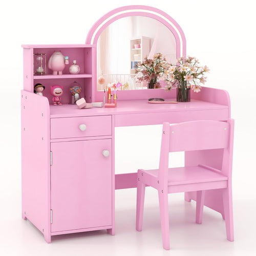 Kids Vanity Table And Chair Set With Shelves, Pink