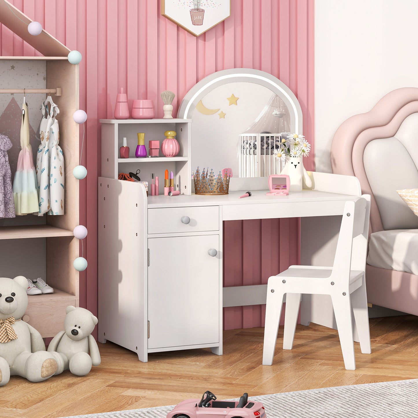 Kids Vanity Table and Chair Set with Shelves Drawer and Cabinet, White Kids Vanities at Gallery Canada