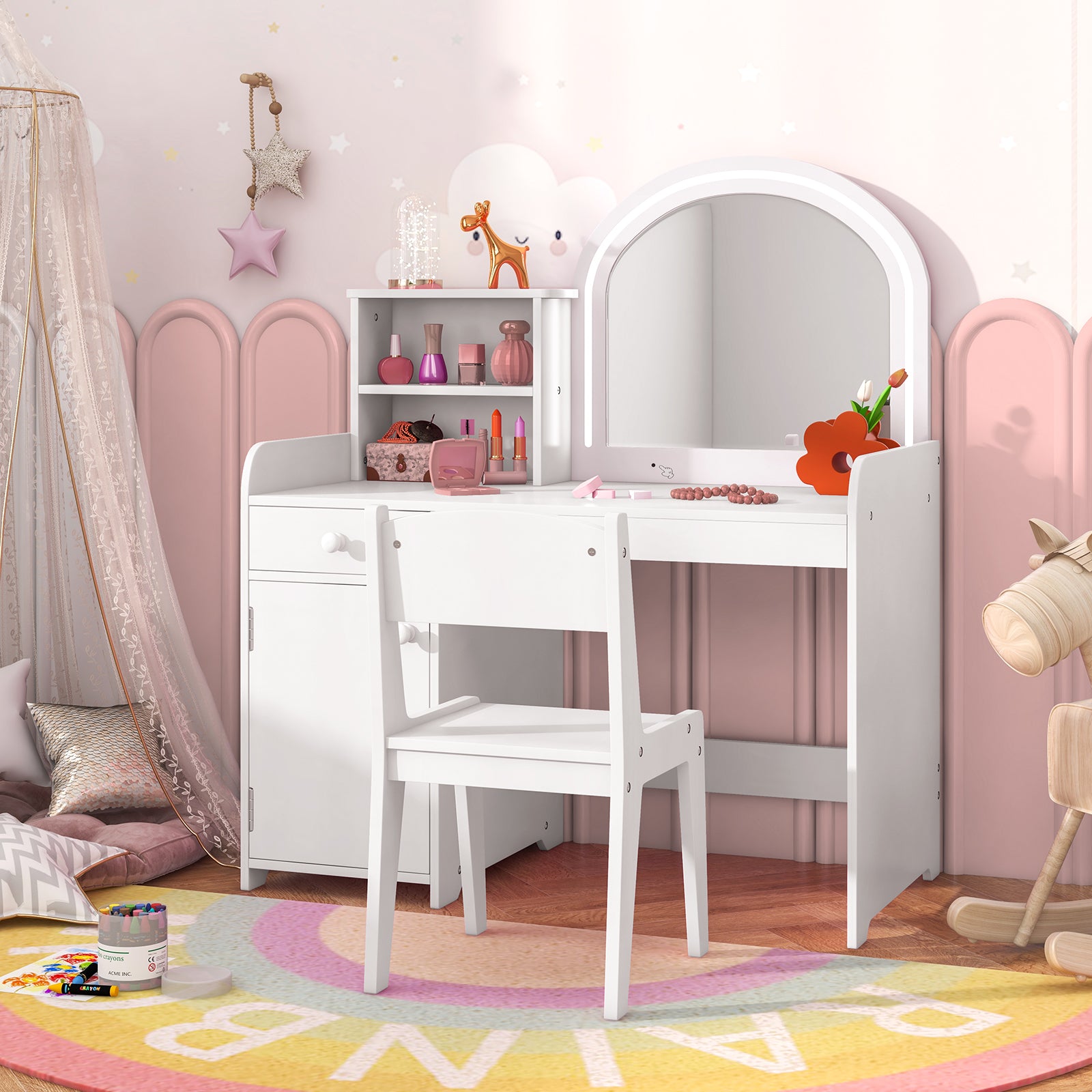 Kids Vanity Table and Chair Set with Shelves Drawer and Cabinet, White Kids Vanities at Gallery Canada