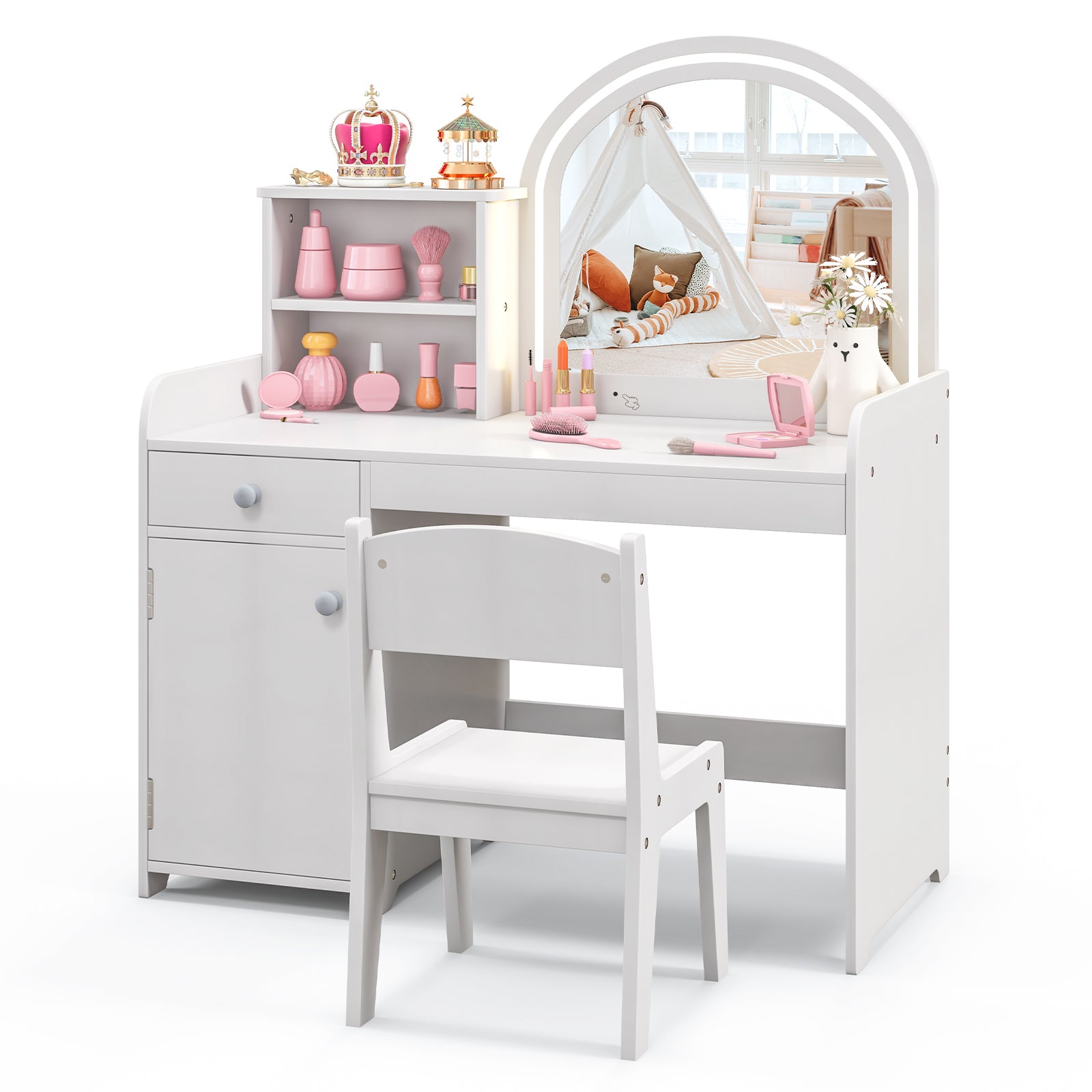 Kids Vanity Table and Chair Set with Shelves Drawer and Cabinet, White Kids Vanities at Gallery Canada
