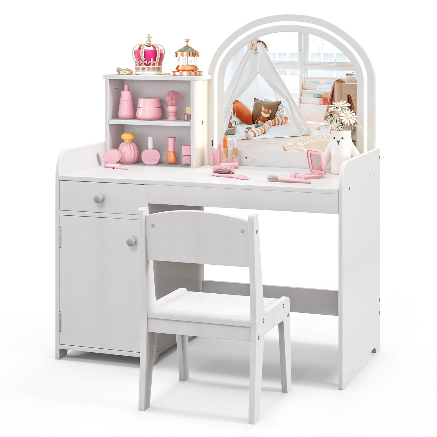 Kids Vanity Table and Chair Set with Shelves Drawer and Cabinet, White Kids Vanities at Gallery Canada