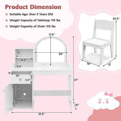 Kids Vanity Table and Chair Set with Shelves Drawer and Cabinet, White Kids Vanities at Gallery Canada