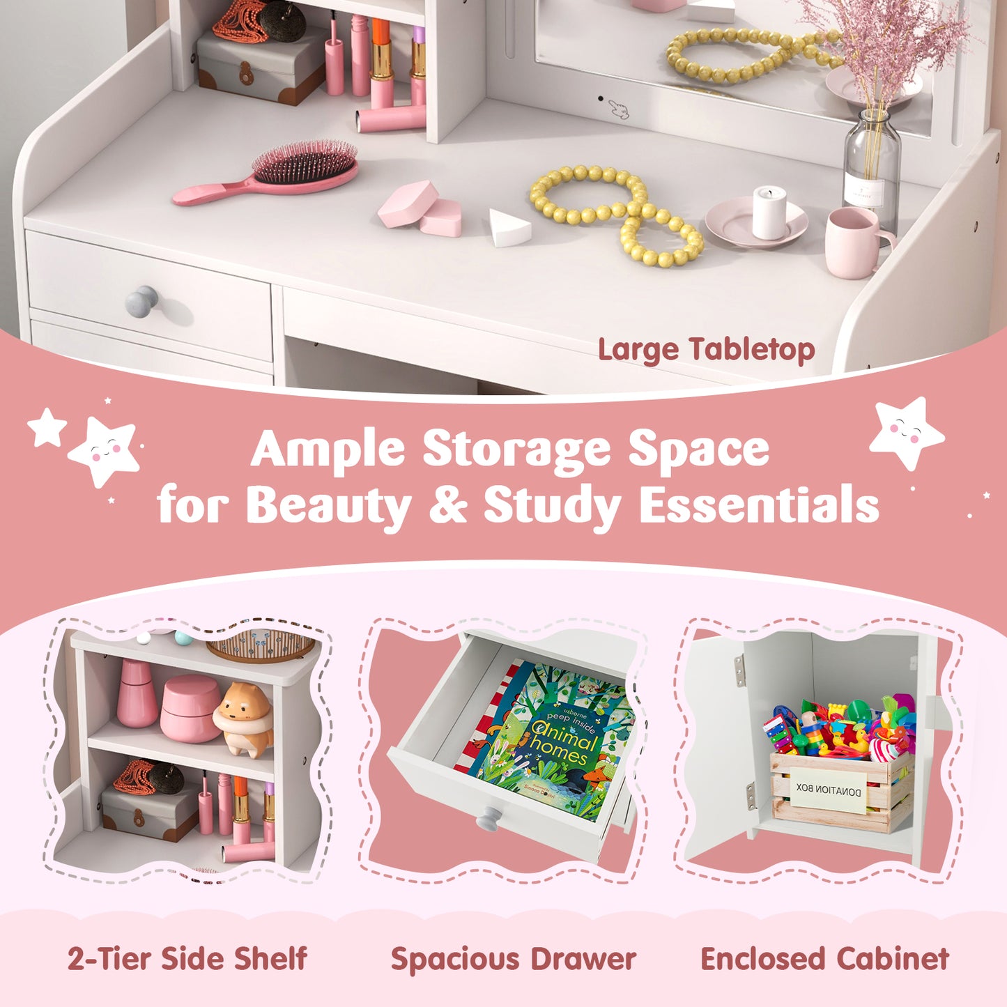 Kids Vanity Table and Chair Set with Shelves Drawer and Cabinet, White Kids Vanities at Gallery Canada