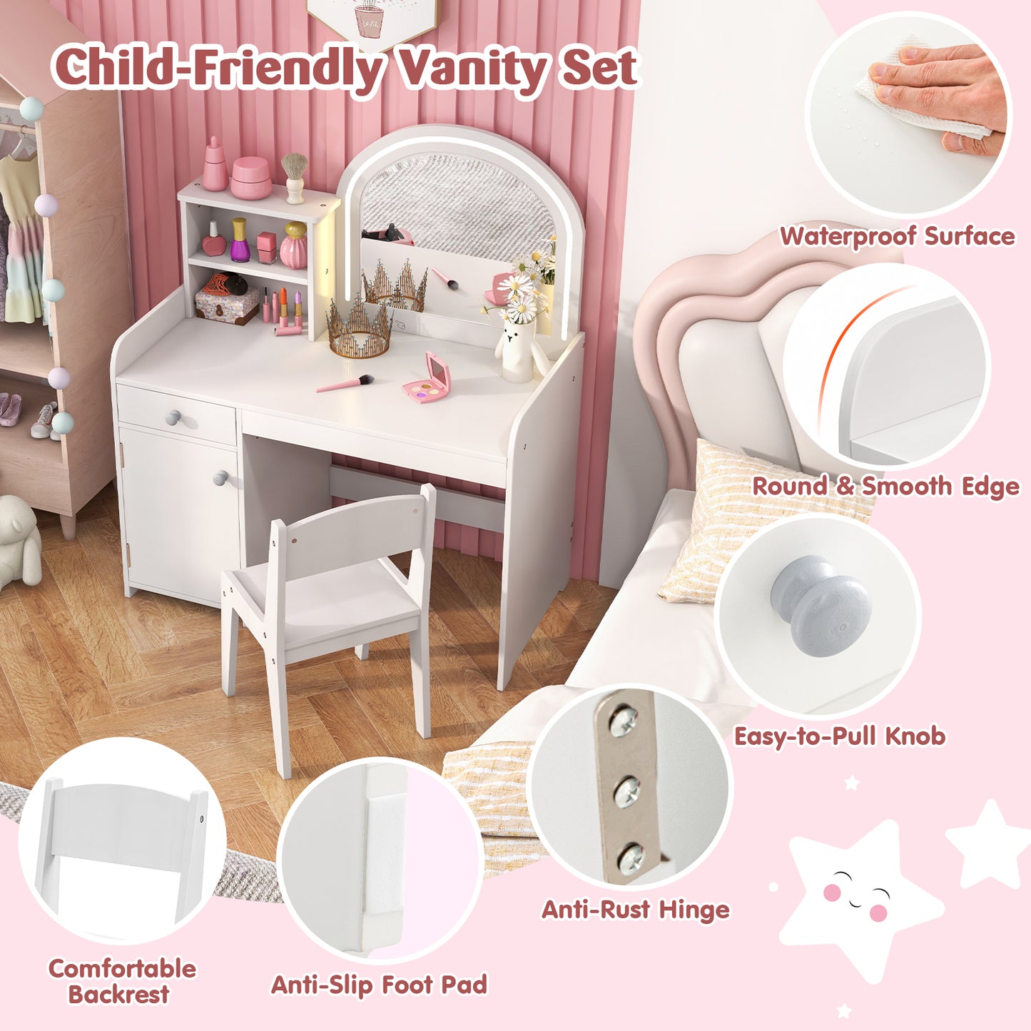 Kids Vanity Table and Chair Set with Shelves Drawer and Cabinet, White Kids Vanities at Gallery Canada