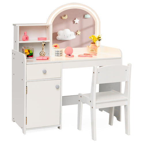 Kids Vanity Table and Chair Set with Shelves Drawer and Cabinet, White