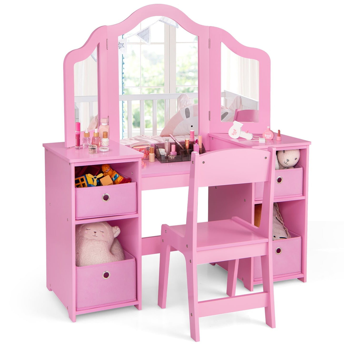 Ensemble de Table de Coiffeuse et Chaise pour Enfants avec Miroirs et Bacs de Rangement, Rose
