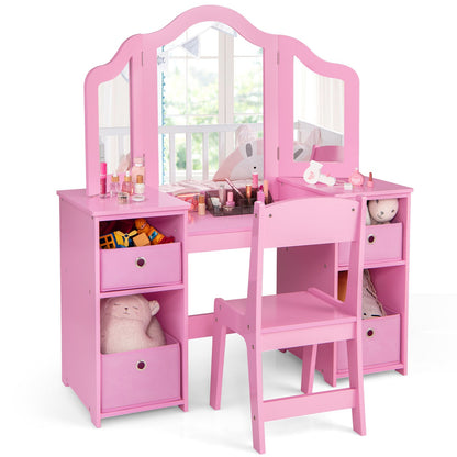 Ensemble de Table de Coiffeuse et Chaise pour Enfants avec Miroirs et Bacs de Rangement, Rose