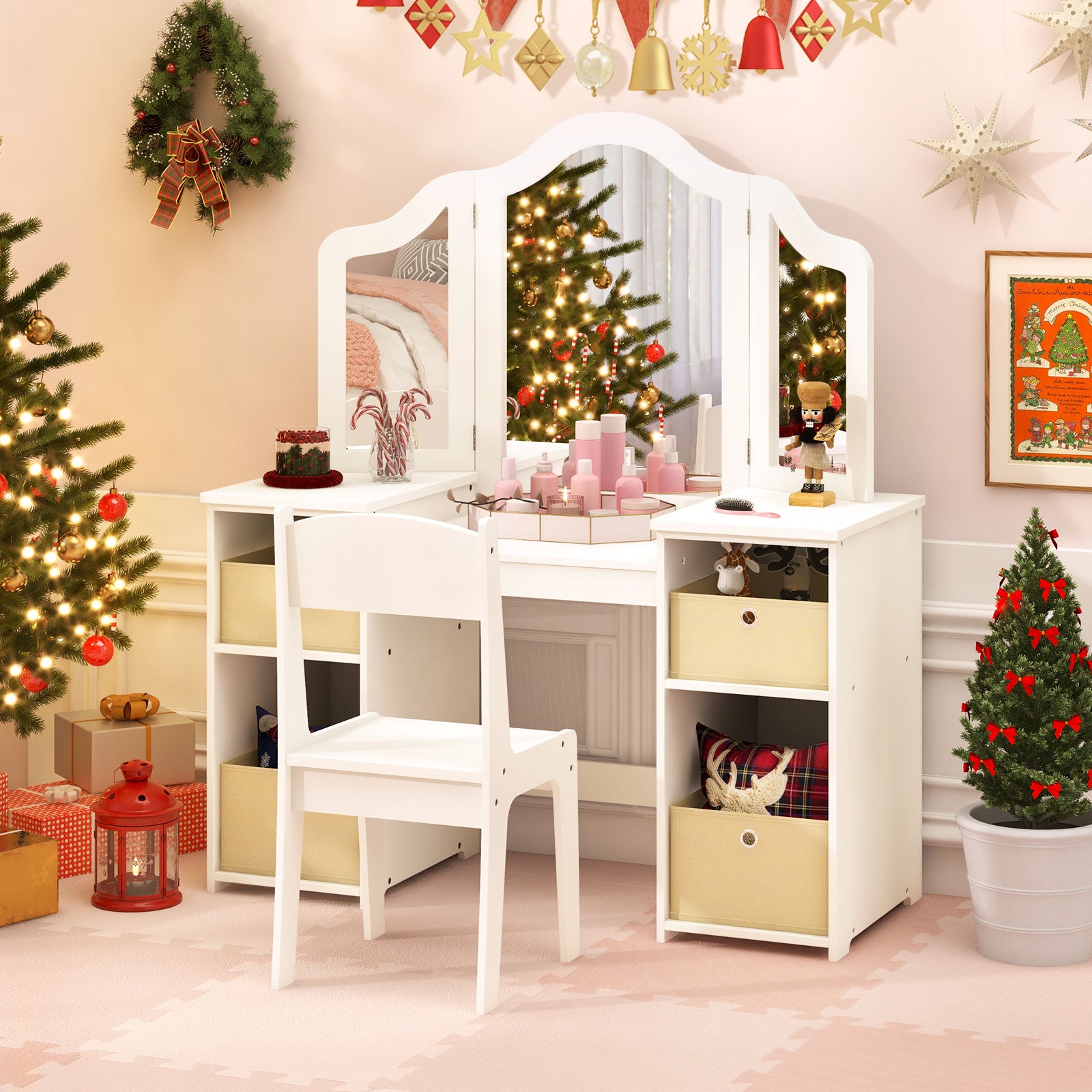 Kids Vanity Table and Chair Set with Removable Mirrors and 4 Storage Bins, White Kids Vanities at Gallery Canada