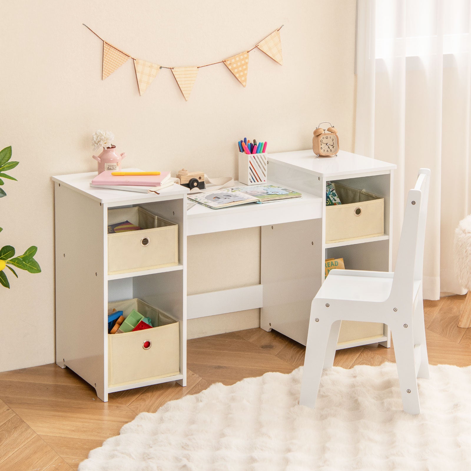 Kids Vanity Table and Chair Set with Removable Mirrors and 4 Storage Bins, White Kids Vanities at Gallery Canada