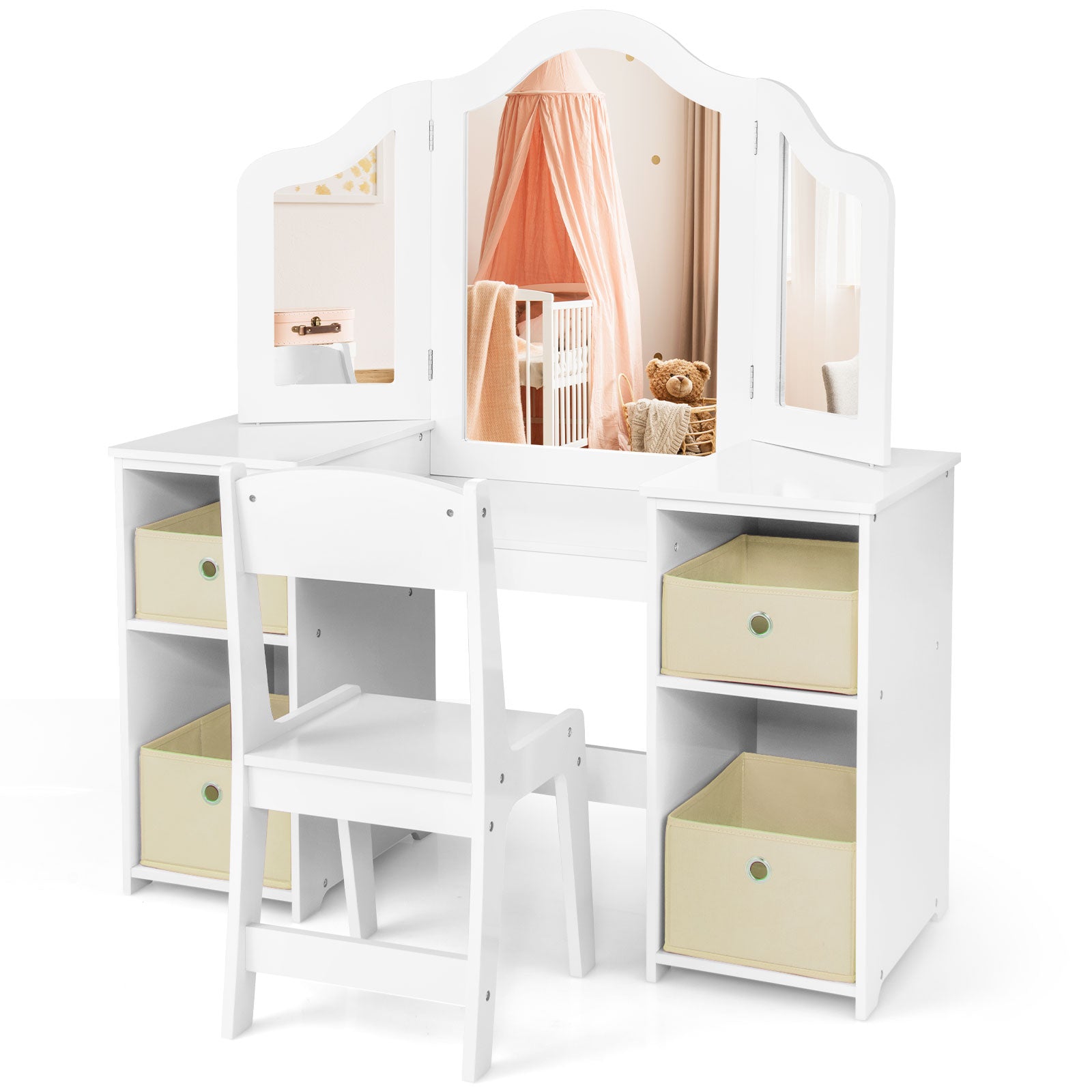 Kids Vanity Table and Chair Set with Removable Mirrors and 4 Storage Bins, White Kids Vanities at Gallery Canada