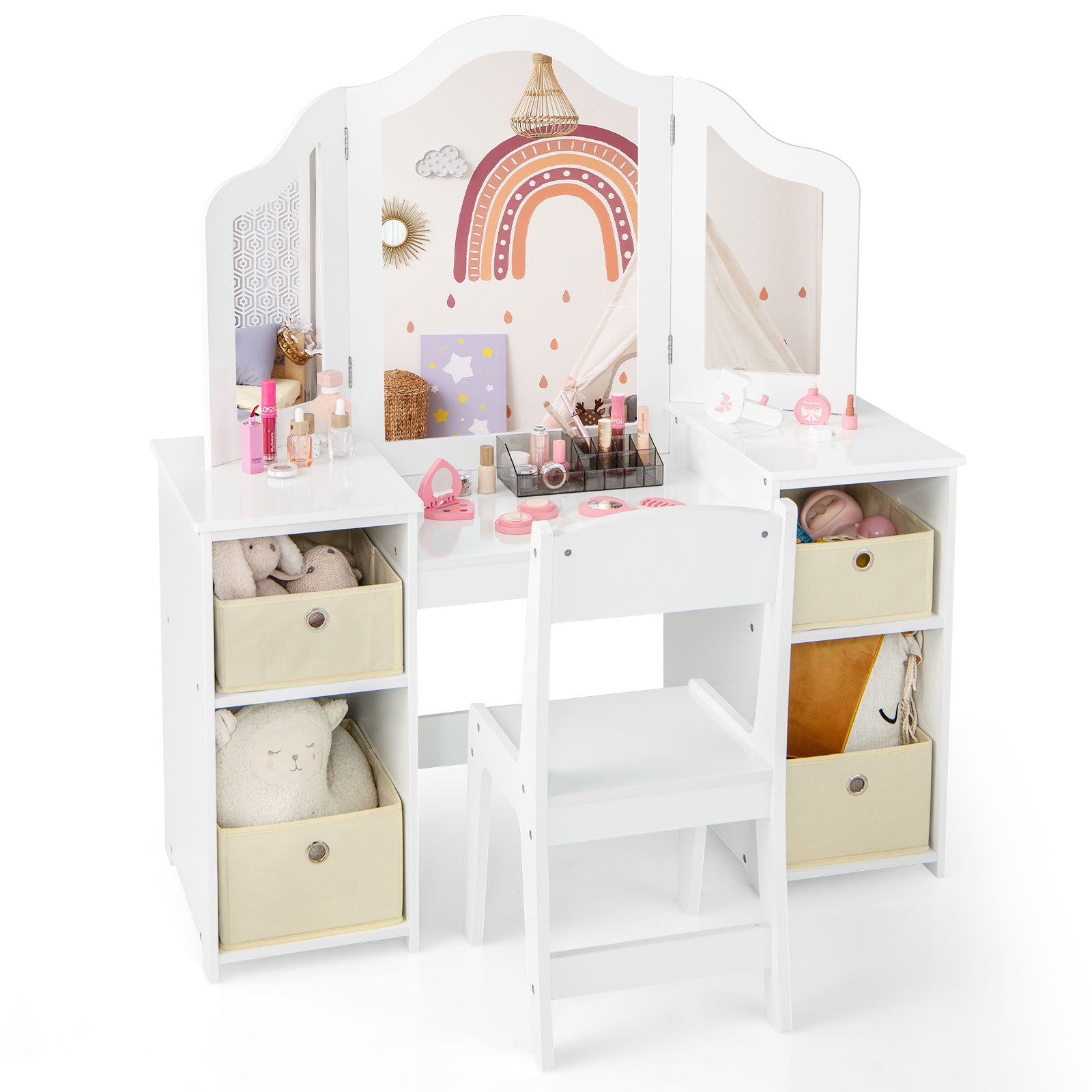 Kids Vanity Table and Chair Set with Removable Mirrors and 4 Storage Bins, White Kids Vanities at Gallery Canada