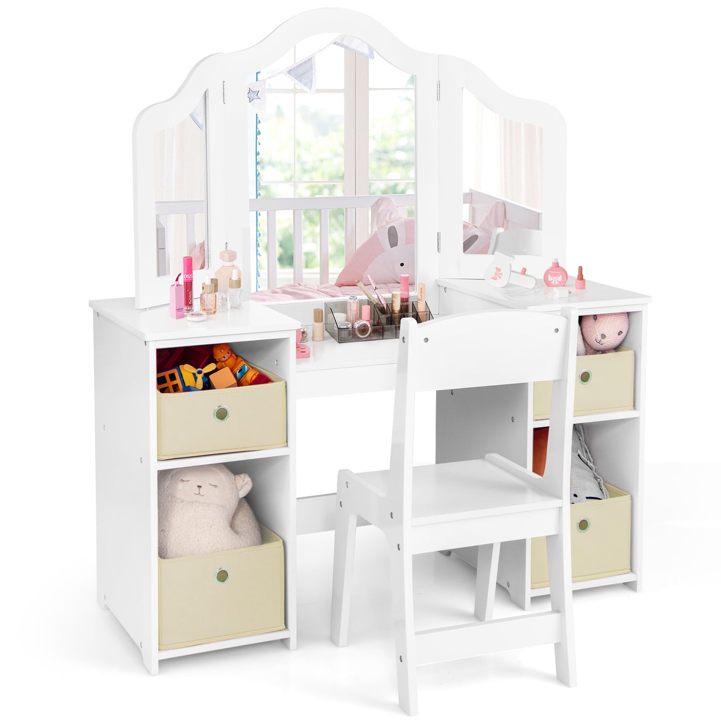 Kids Vanity Table And Chair Set, With Mirrors And Storage Bins, White Kids Vanities White at Gallery Canada