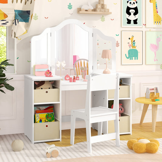 Ensemble Table de Vanité et Chaise pour Enfants, Avec Miroirs et Bacs de Rangement, Blanc