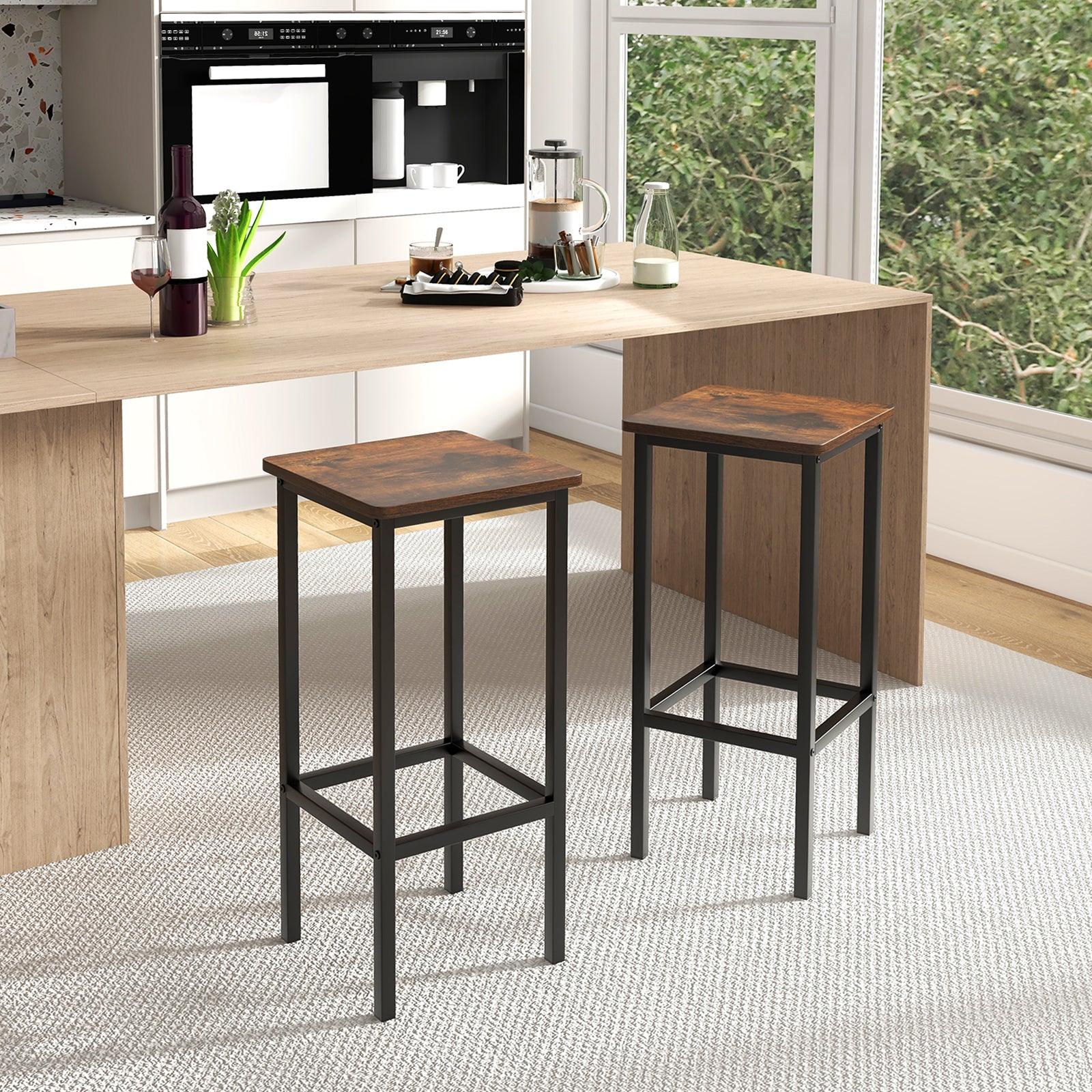 Set of 4 Bar Stool Set 26 Inch Bar Chair with Metal Legs and Footrest, Rustic Brown Bar Stools at Gallery Canada