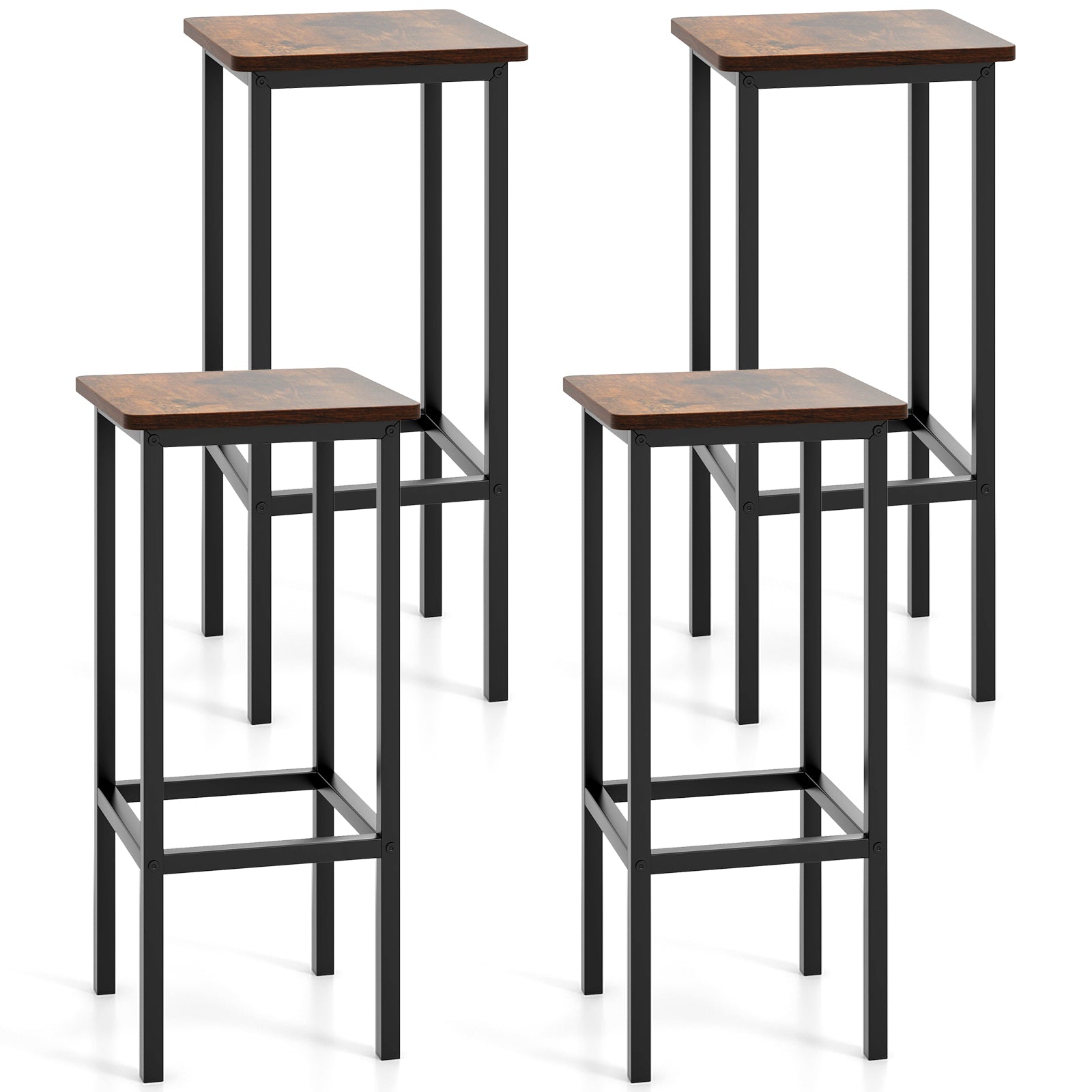 Set of 4 Bar Stools, 26 Inch, Metal Legs with Footrest, Rustic Brown Bar Stools at Gallery Canada