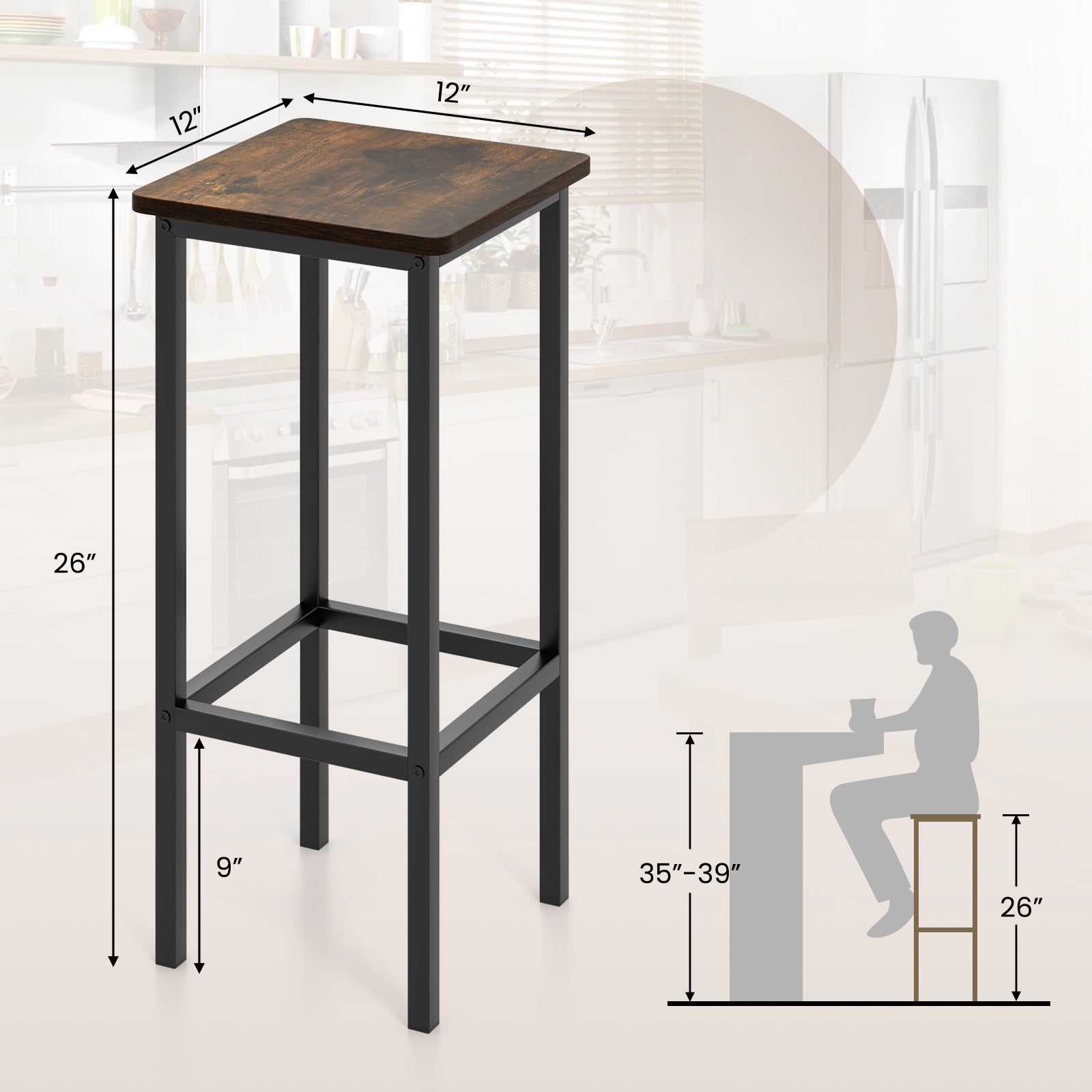 Set of 4 Bar Stool Set 26 Inch Bar Chair with Metal Legs and Footrest, Rustic Brown Bar Stools at Gallery Canada