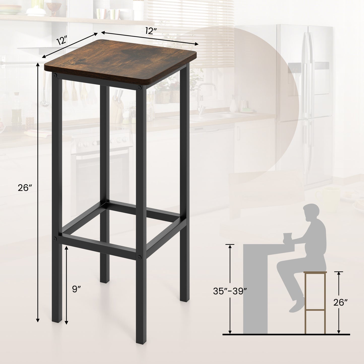 Set of 4 Bar Stool Set 26 Inch Bar Chair with Metal Legs and Footrest, Rustic Brown Bar Stools at Gallery Canada