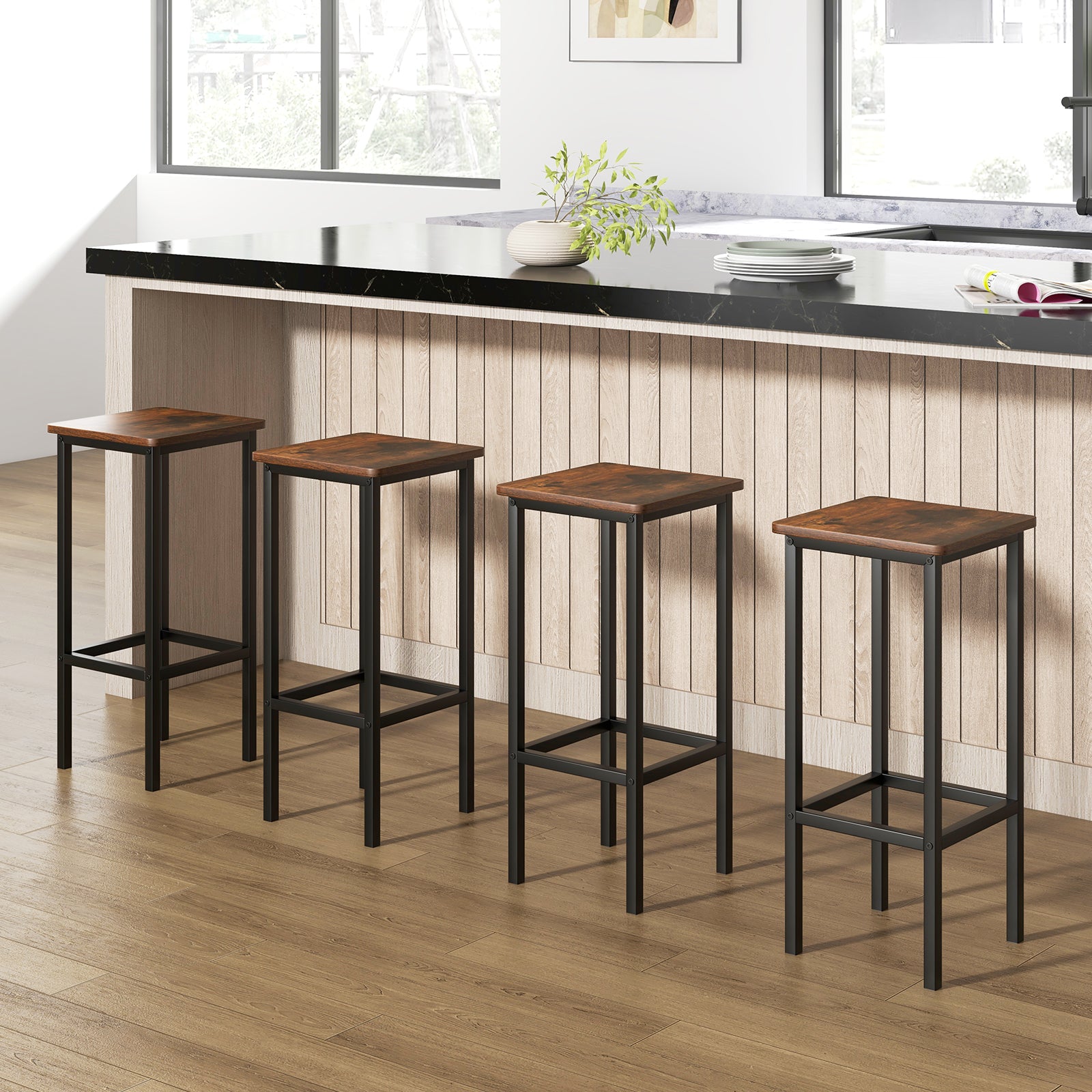 Set of 4 Bar Stool Set 26 Inch Bar Chair with Metal Legs and Footrest, Rustic Brown Bar Stools at Gallery Canada