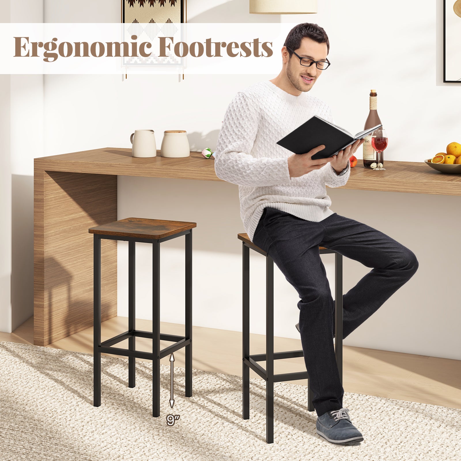 Set of 4 Bar Stool Set 26 Inch Bar Chair with Metal Legs and Footrest, Rustic Brown Bar Stools at Gallery Canada