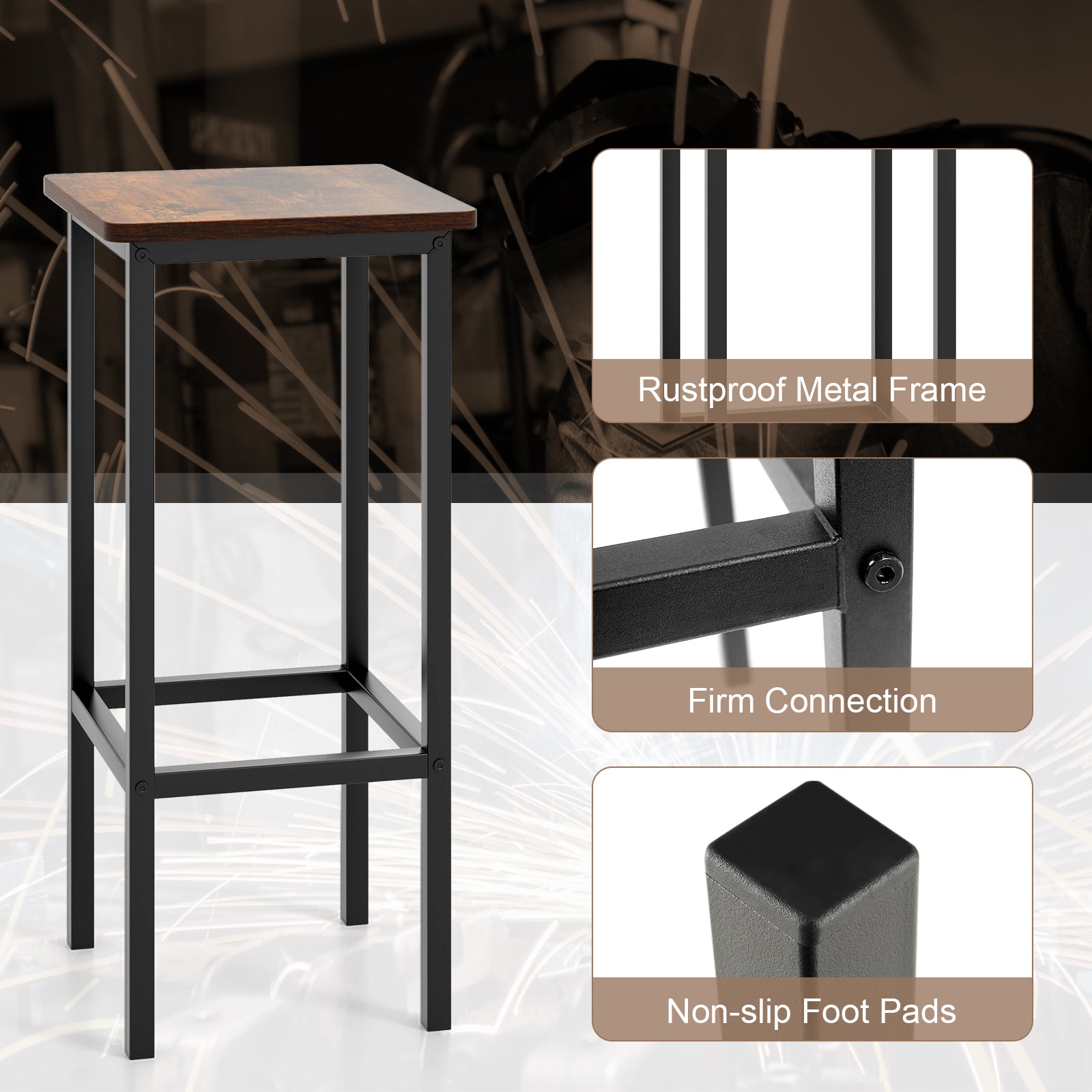 Set of 4 Bar Stool Set 26 Inch Bar Chair with Metal Legs and Footrest, Rustic Brown Bar Stools at Gallery Canada