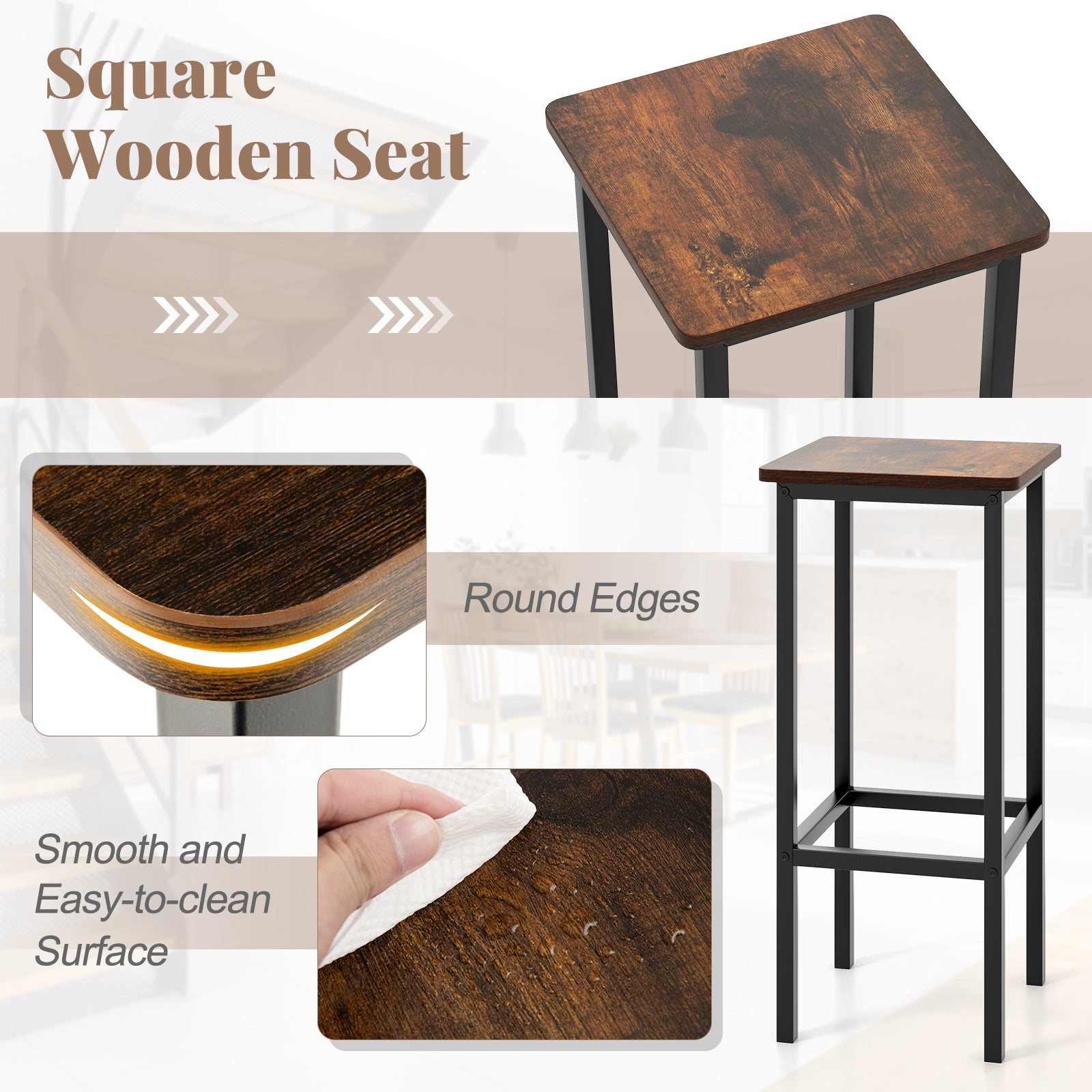 Set of 4 Bar Stool Set 26 Inch Bar Chair with Metal Legs and Footrest, Rustic Brown Bar Stools at Gallery Canada