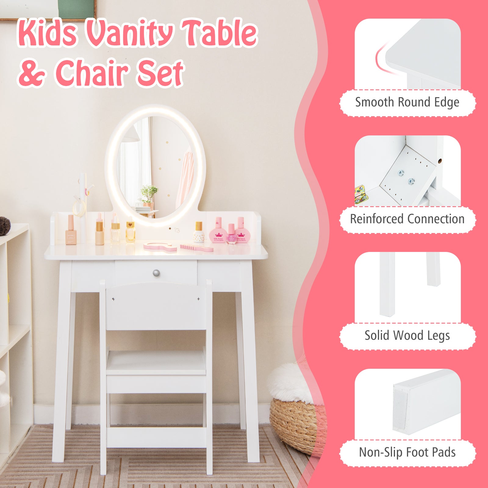 Kids Vanity Set with Lighted Mirror, White Kids Vanities at Gallery Canada