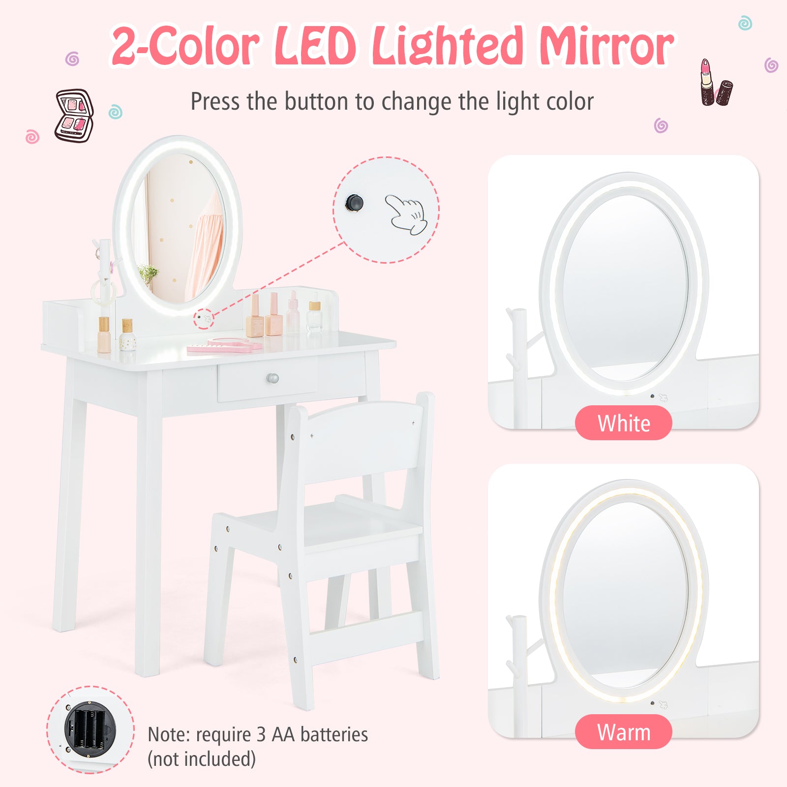 Kids Vanity Set with Lighted Mirror, White Kids Vanities at Gallery Canada