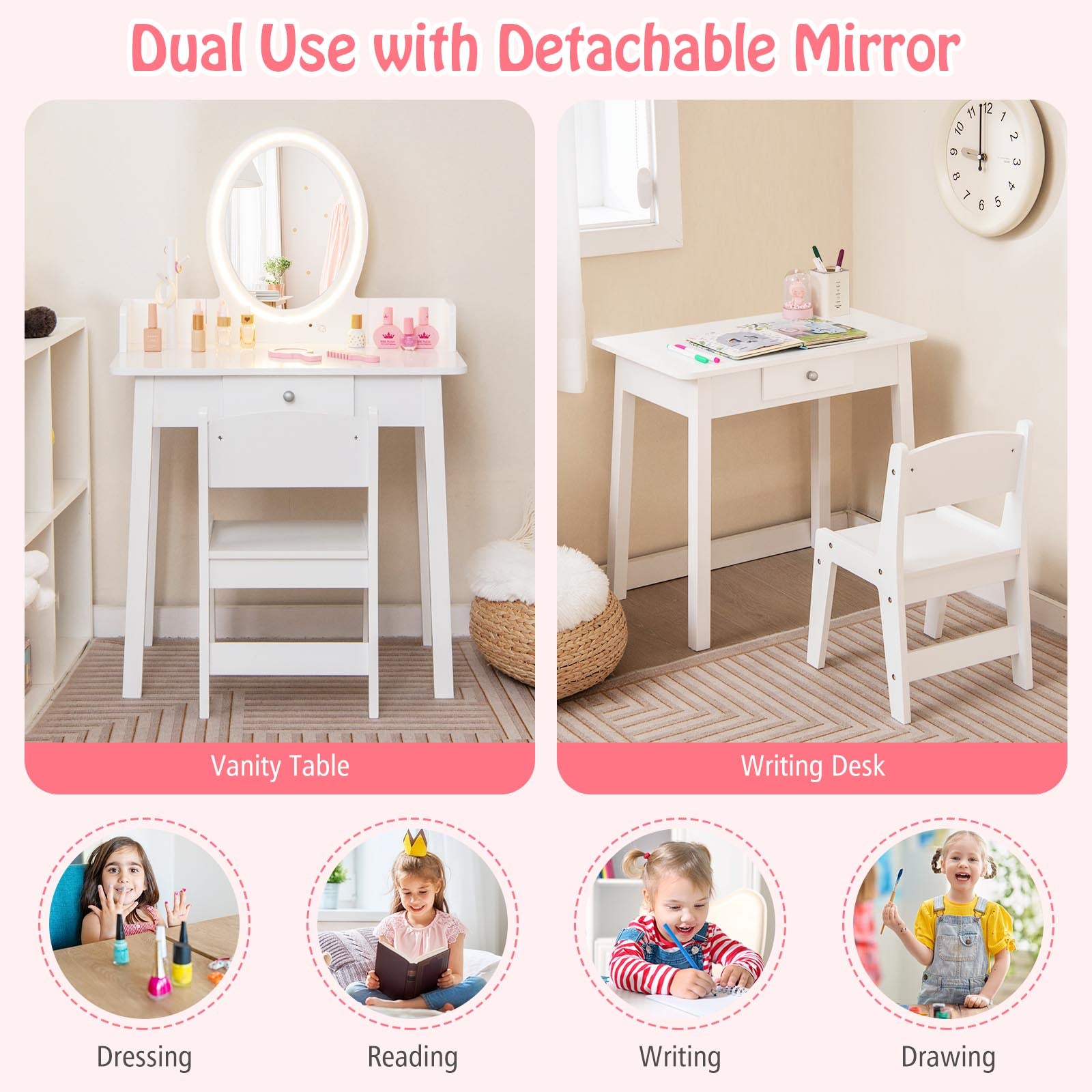 Kids Vanity Set with Lighted Mirror, White Kids Vanities at Gallery Canada