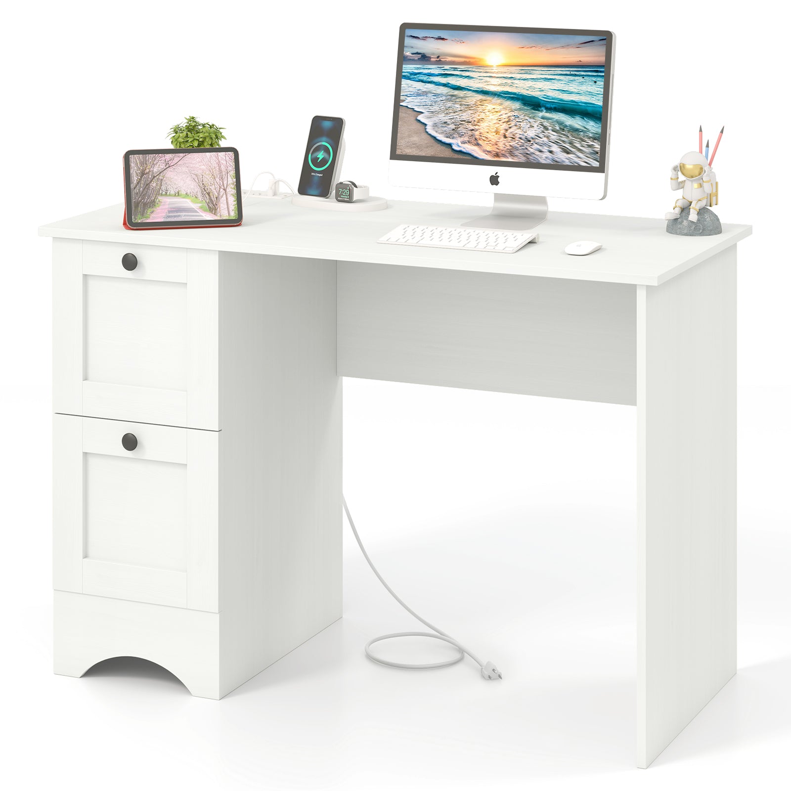 43 Inch Computer Desk with Charging Station for Living Room, White Computer Desks at Gallery Canada