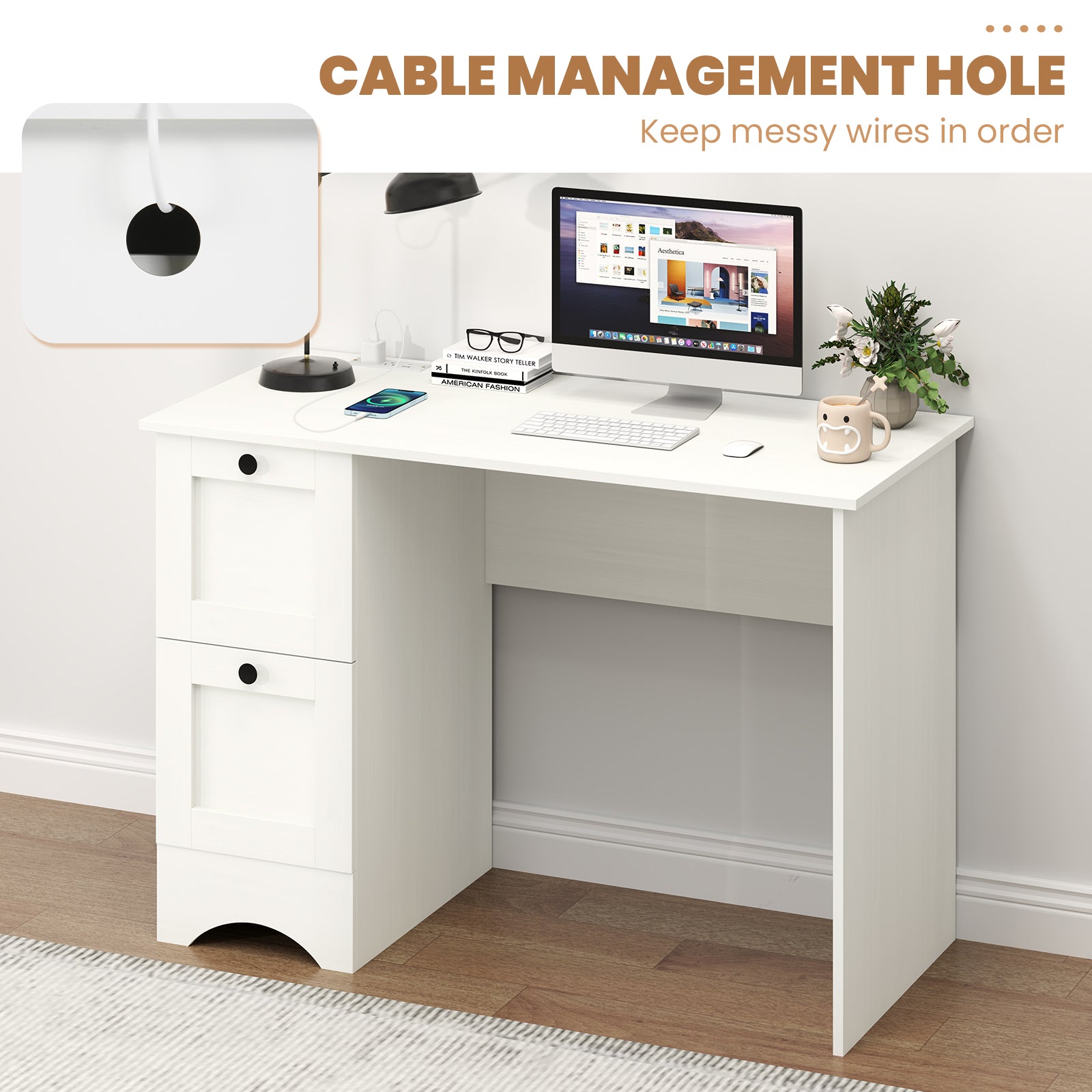 43 Inch Computer Desk with Charging Station for Living Room, White Computer Desks at Gallery Canada