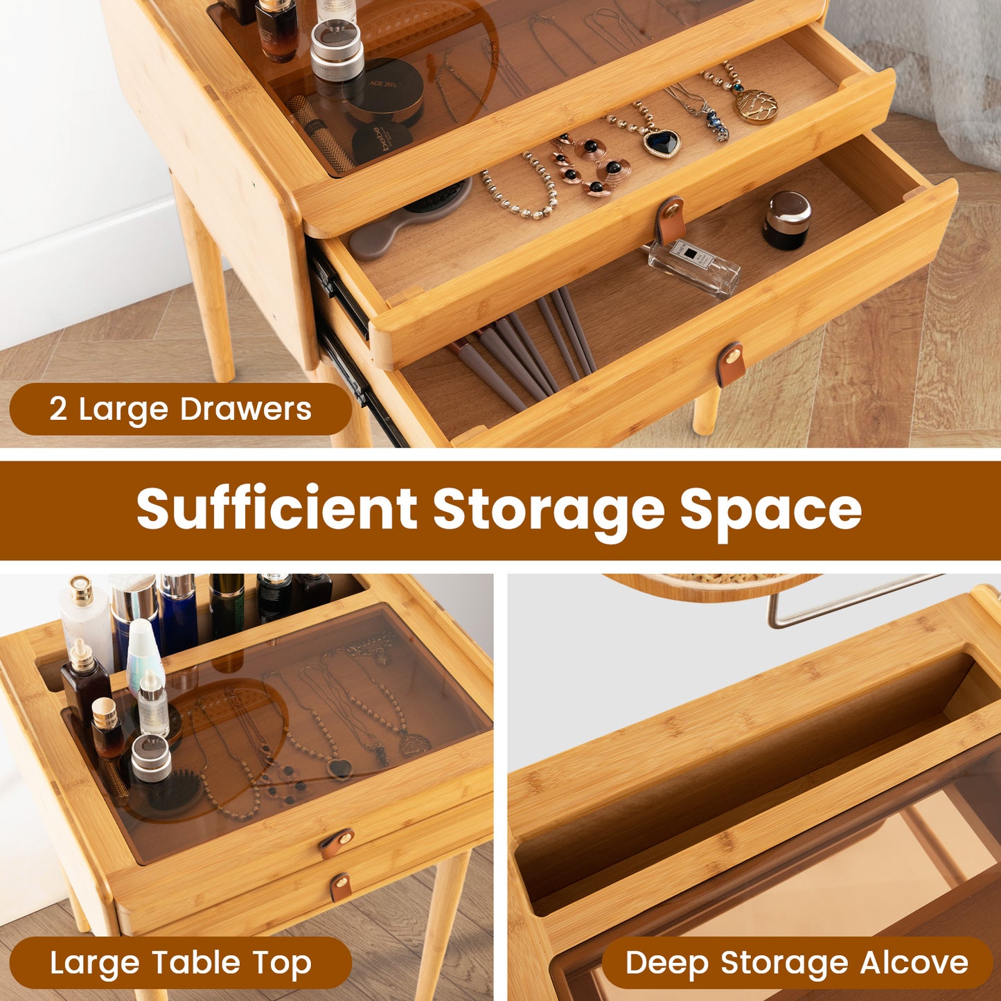 Bamboo Makeup Vanity Table with Mirror with 2 Storage Drawers, Natural Makeup Vanities at Gallery Canada