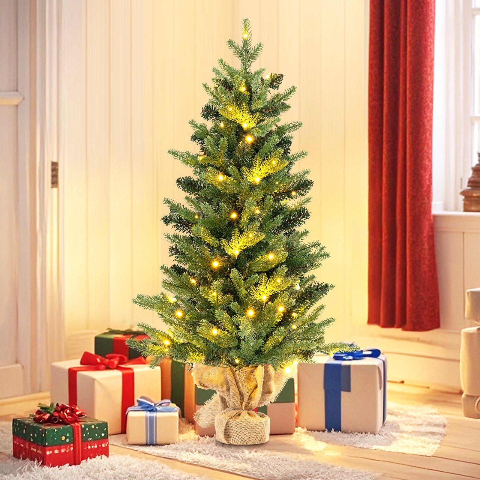 3 Feet Mini Pre-Lit Artificial Christmas Tree Tabletop Xmas Tree with Burlap Base, Green Christmas Tree at Gallery Canada