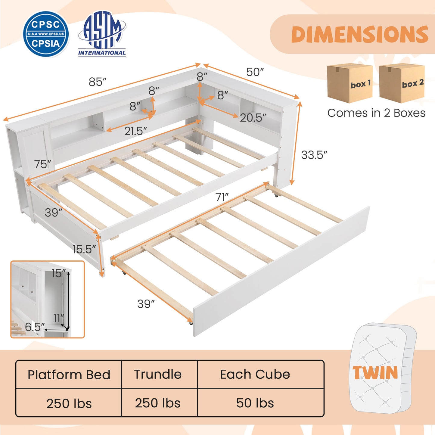 Twin Size Daybed Platform Bed Frame with Trundle and Bedside Shelves, White Trundle Bed Frame at Gallery Canada