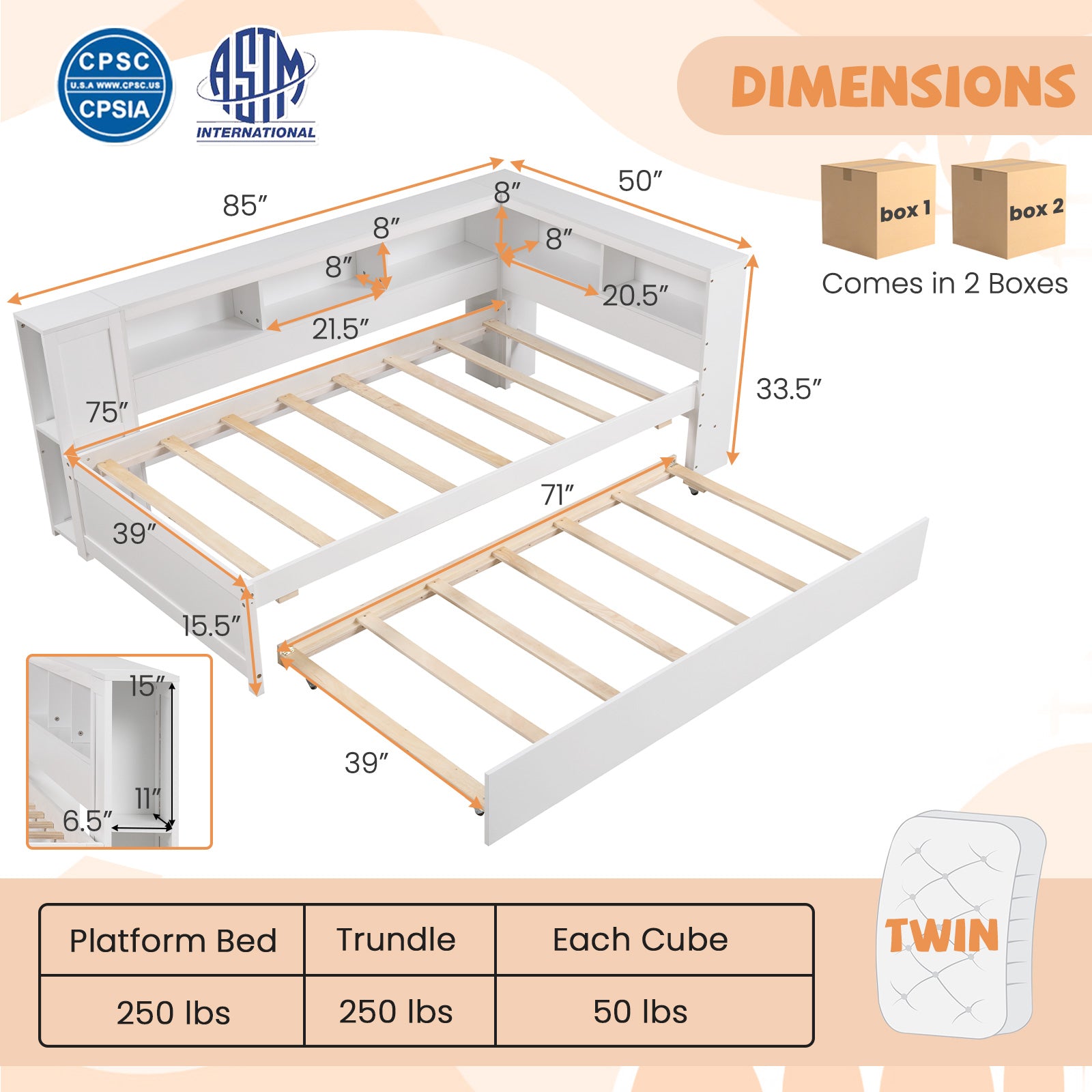Twin Size Daybed Platform Bed Frame with Trundle and Bedside Shelves, White Trundle Bed Frame at Gallery Canada