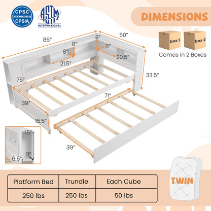Twin Size Daybed Platform Bed Frame with Trundle and Bedside Shelves, White Trundle Bed Frame at Gallery Canada