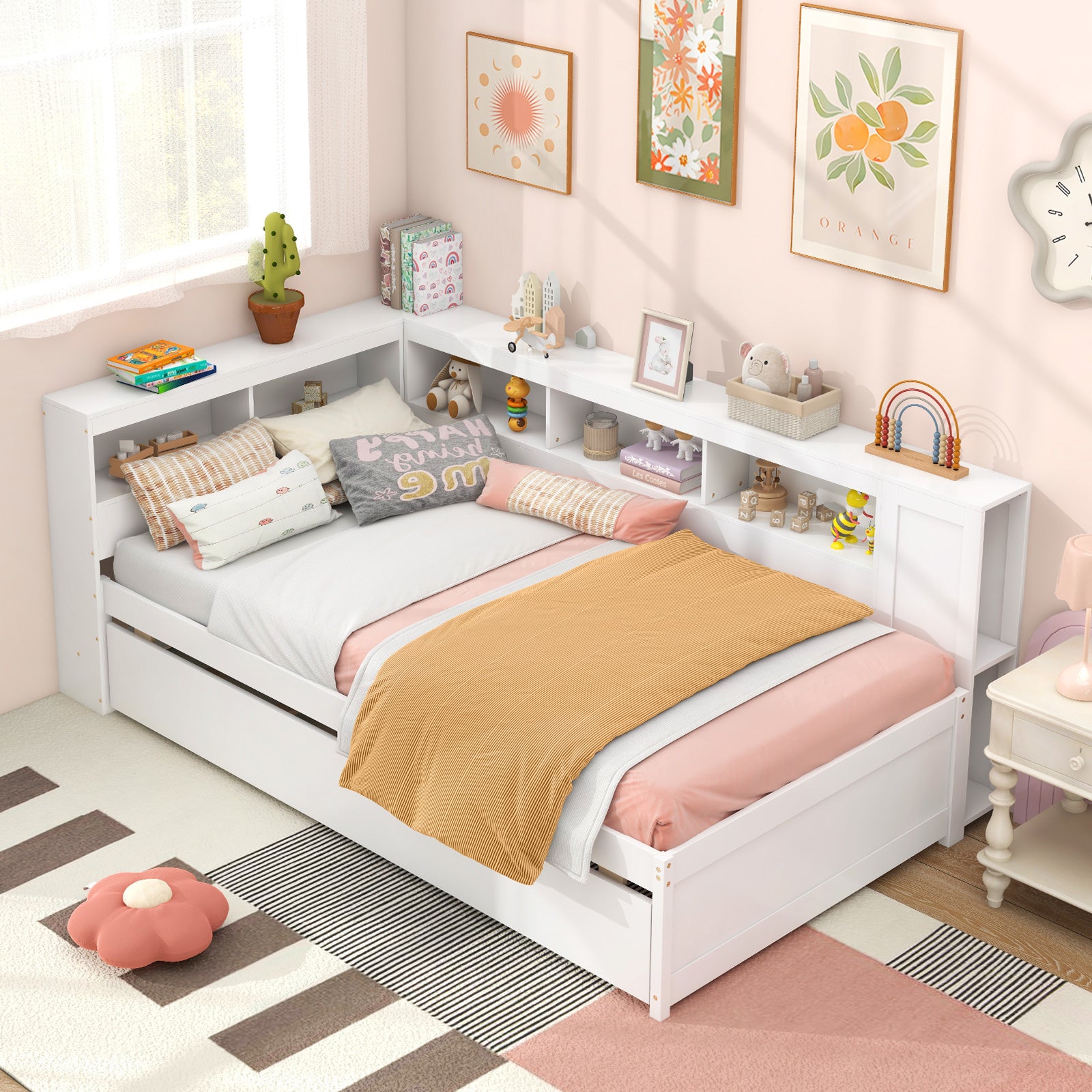 Twin Size Daybed Platform Bed Frame with Trundle and Bedside Shelves, White Trundle Bed Frame at Gallery Canada