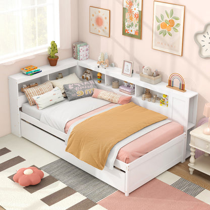 Twin Size Daybed Platform Bed Frame with Trundle and Bedside Shelves, White Trundle Bed Frame at Gallery Canada