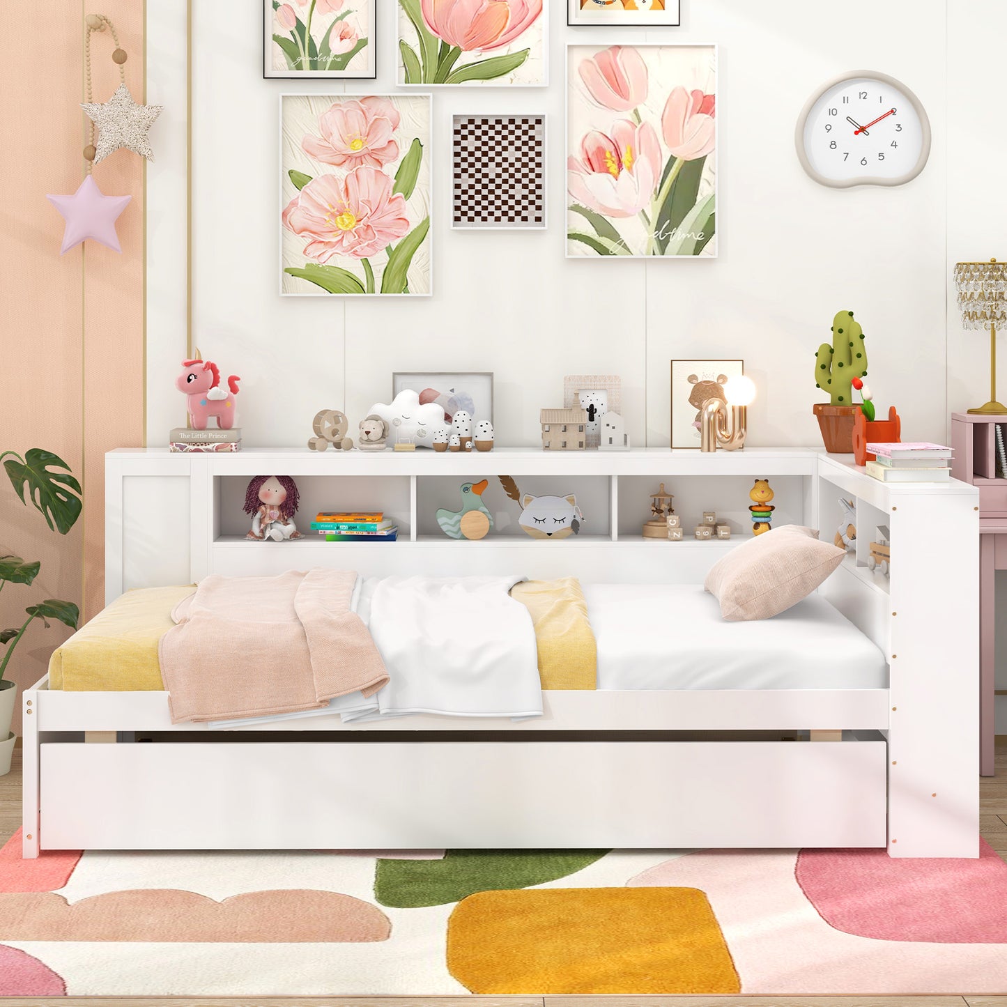 Twin Size Daybed Platform Bed Frame with Trundle and Bedside Shelves, White Trundle Bed Frame at Gallery Canada