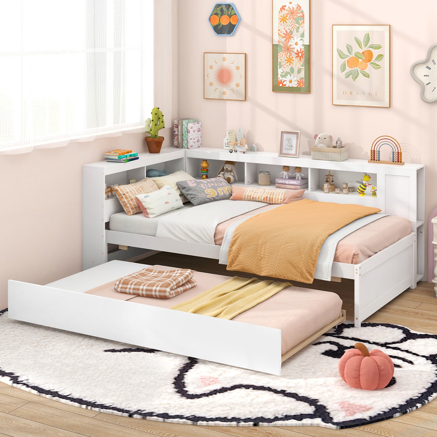 Twin Size Daybed Platform Bed Frame with Trundle and Bedside Shelves, White Trundle Bed Frame at Gallery Canada
