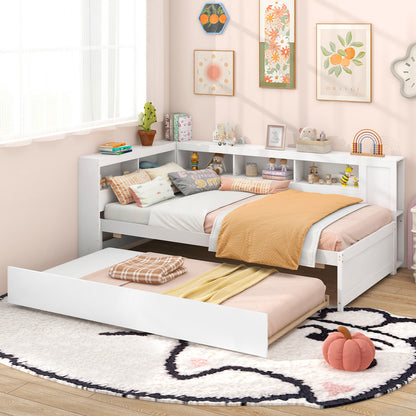 Twin Size Daybed Platform Bed Frame with Trundle and Bedside Shelves, White Trundle Bed Frame at Gallery Canada