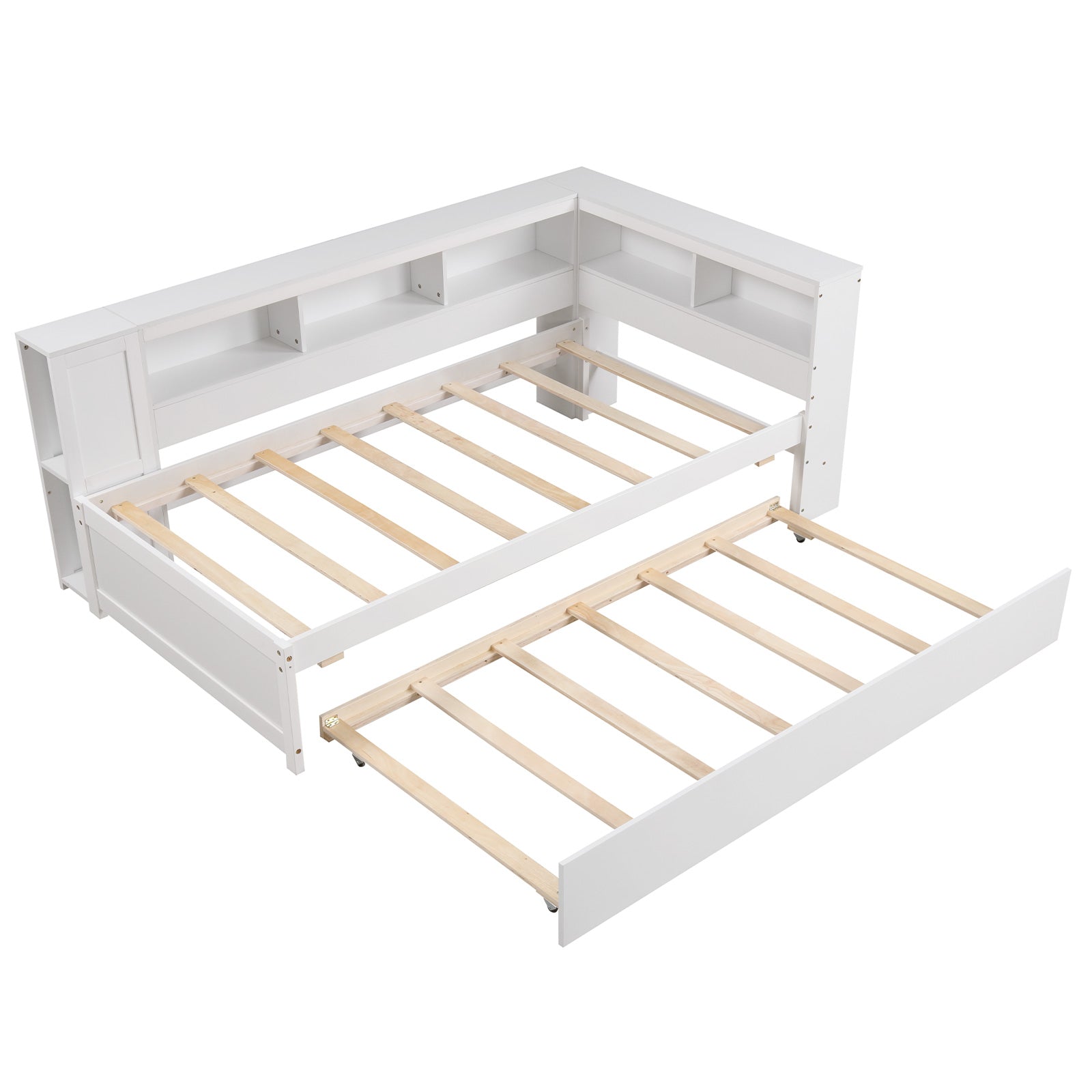 Twin Size Daybed Platform Bed Frame with Trundle and Bedside Shelves, White Trundle Bed Frame at Gallery Canada