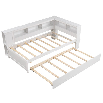 Twin Size Daybed Platform Bed Frame with Trundle and Bedside Shelves, White Trundle Bed Frame at Gallery Canada