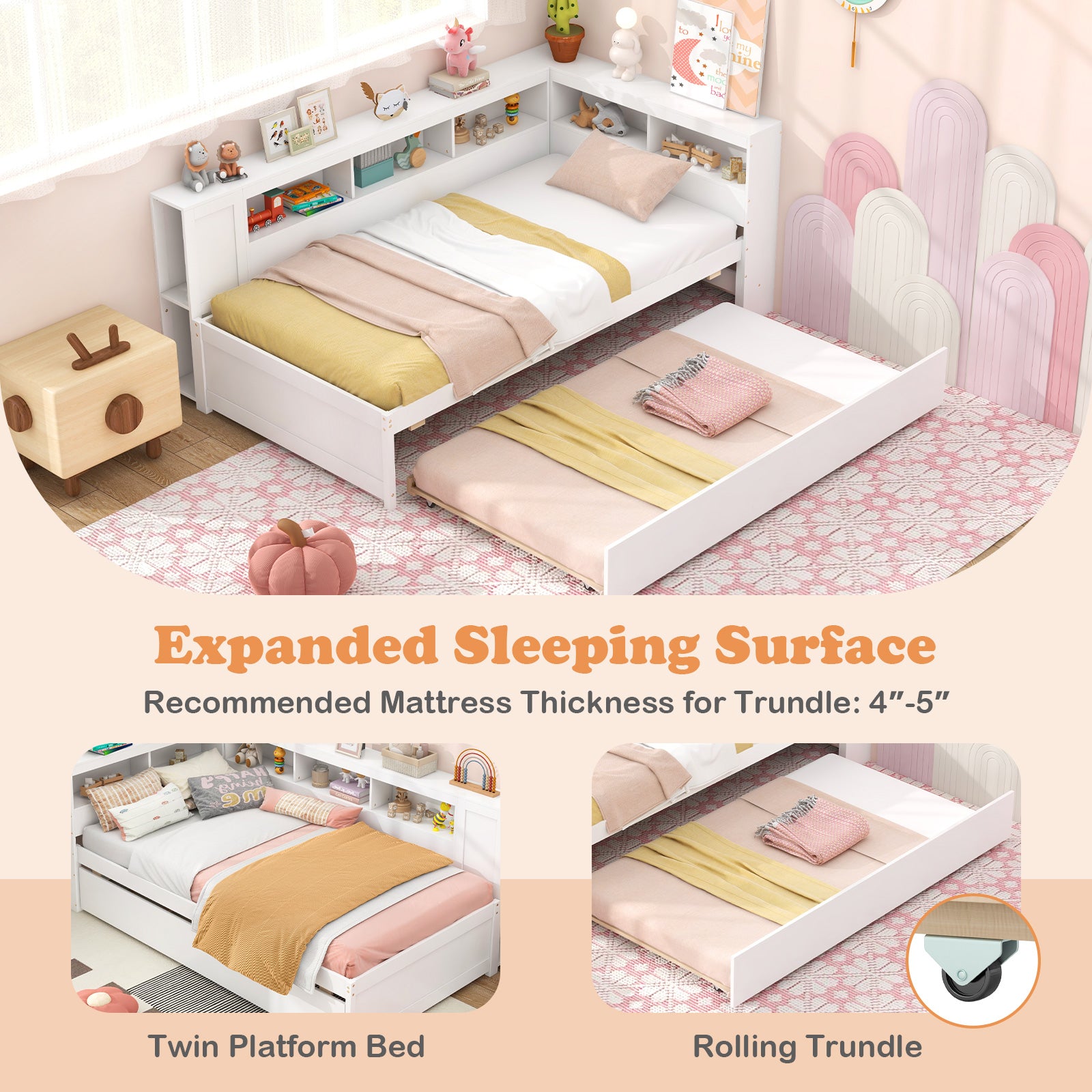 Twin Size Daybed Platform Bed Frame with Trundle and Bedside Shelves, White Trundle Bed Frame at Gallery Canada